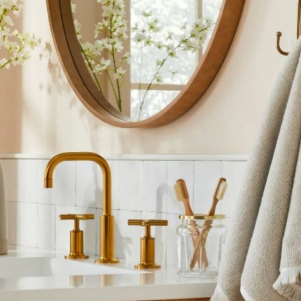 Hearth & Hand Faceted Glass Toothbrush Holder with Gold Tone Metal Divider